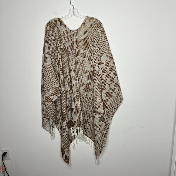 Soft Surroundings Poncho‎ Womens One Size Brown Tan Houndstooth Fringe Ruana - Picture 6 of 10